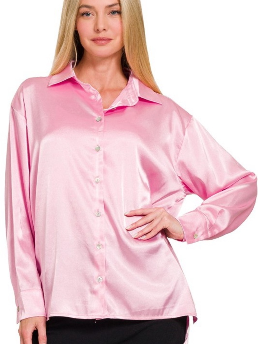 NWT Zenana Pink Satin Button-Front Cozy Oversized Shirt Top